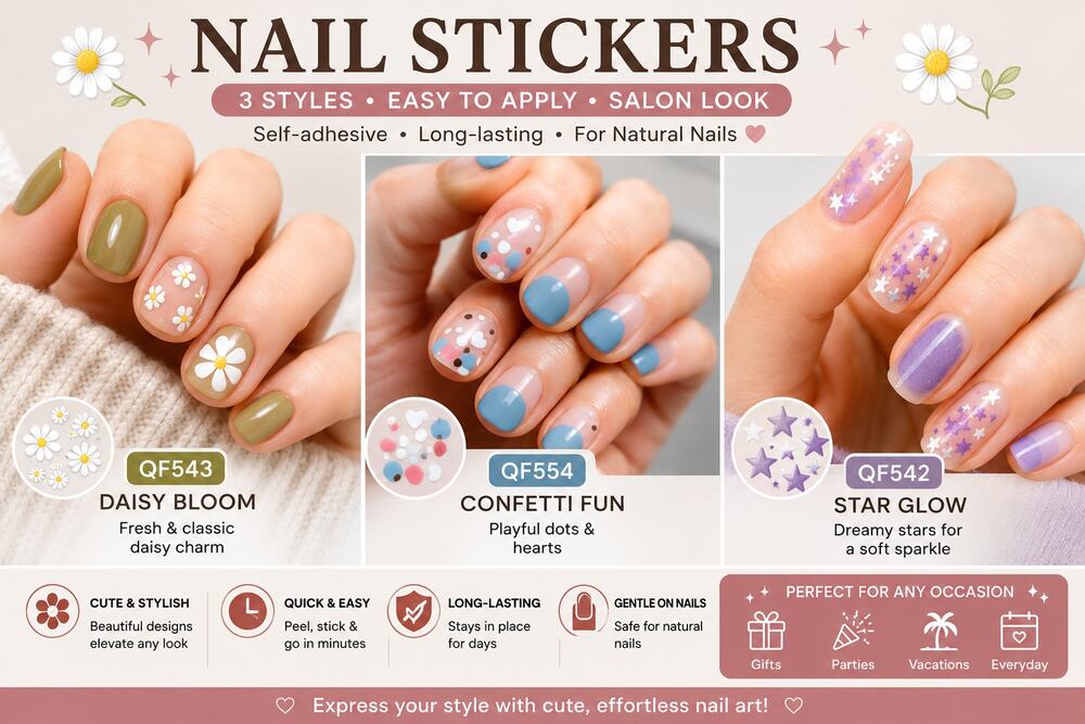 3 Sheets Nail Wrap Stickers – Daisy, Heart & Star Designs | Easy DIY Manicure